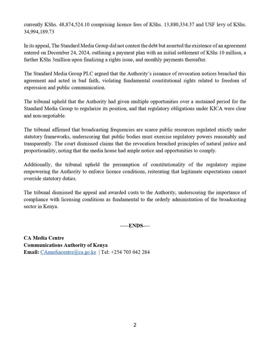 ancparty_kenya's tweet image. The government owes Standard Group Sh1.2B — then lets @ca_kenya to shut down 6 of their outlets over unpaid license fees? That’s not regulation. That’s a shakedown. Media freedom cannot be held hostage to advertising budgets. This ruling must not stand. #MediaFreedom #LindaUchumi
