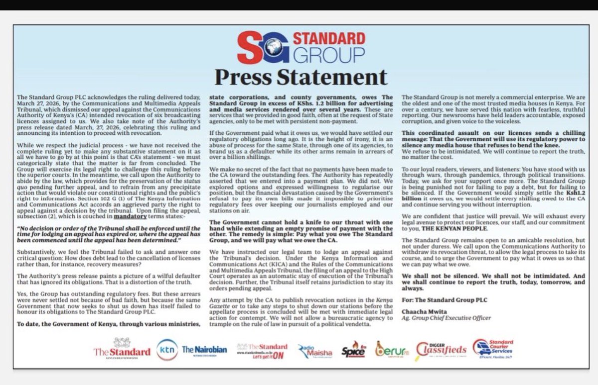 ancparty_kenya's tweet image. The government owes Standard Group Sh1.2B — then lets @ca_kenya to shut down 6 of their outlets over unpaid license fees? That’s not regulation. That’s a shakedown. Media freedom cannot be held hostage to advertising budgets. This ruling must not stand. #MediaFreedom #LindaUchumi