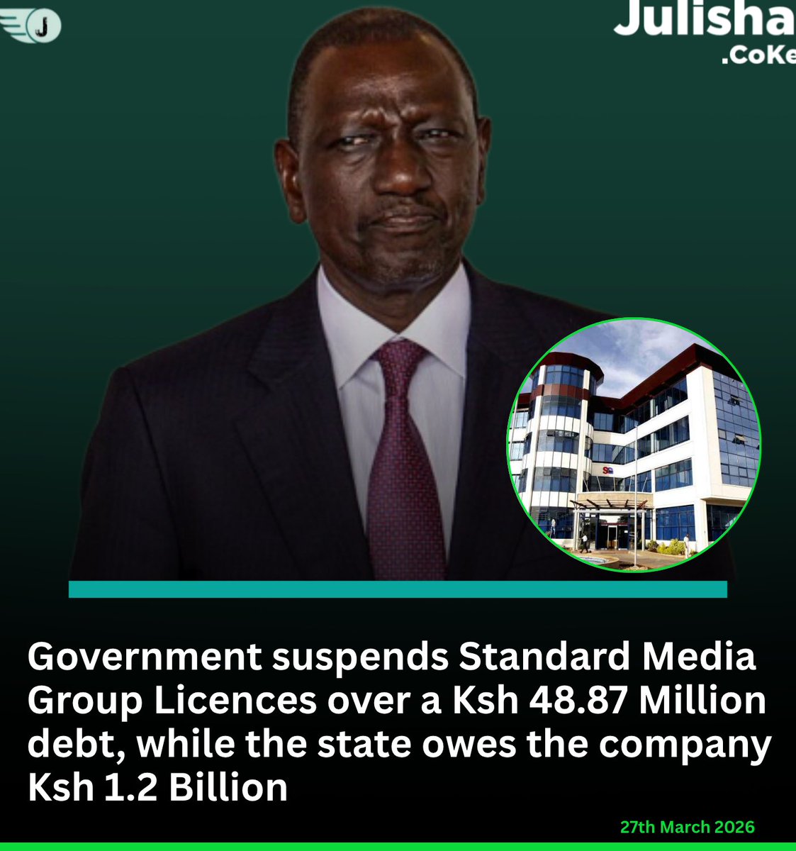 Government suspends Standard Media Group Licences over a Ksh 48.87 Million debt, while the state owes the company Ksh 1.2 Billion