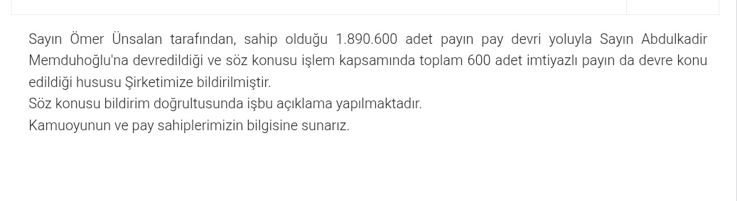 COSMO Ömer Ünsalan sahip olduğu 1.890.600 pay ile 600 imtiyazlı