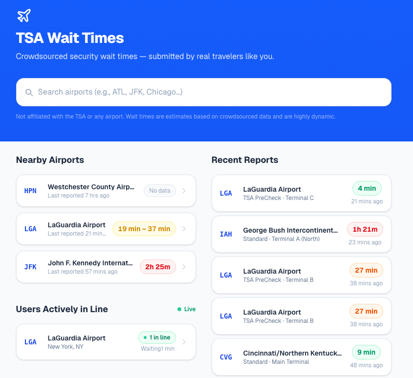 patmads's tweet photo. TSA has stopped providing estimated wait times at several major airports... so I created my own site to crowdsource data from people waiting in line

Check it out at https://t.co/Gli7DOIuoI https://t.co/rXWhaV7lxA