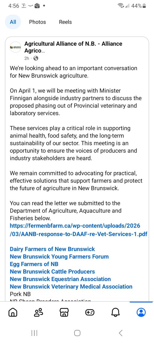 svhs1985's tweet photo. The Agricultural Alliance of NB is meeting with Minister @PatFinniganMP on April 1, 2026, to discuss the future of large animal veterinarian services in New Brunswick. Unfortunately, the province put the cart before the horse on this issue. #NBAG @realagriculture @shaunhaney https://t.co/Lxxmum58RA