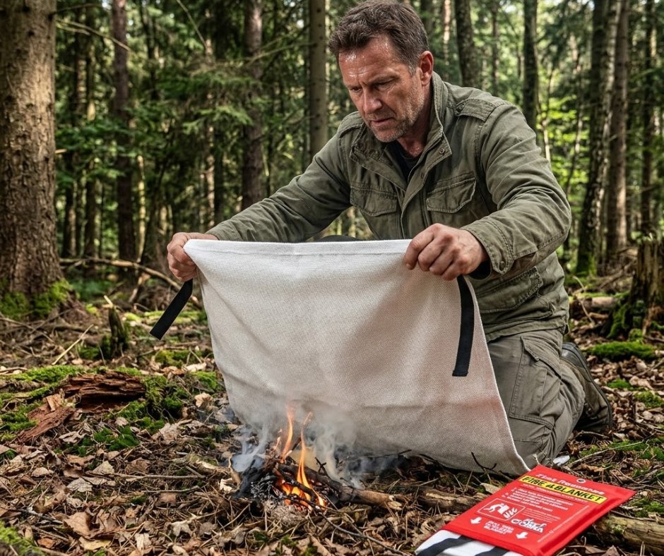 Meets the Mart Cobra Fire Blanket.

Lighter than a canister extinguisher, easier to pack, and incredibly effective. Simply pull the black tabs, and you're ready to safely extinguish small cooking or camp fires.

The ultimate camping safety hack.