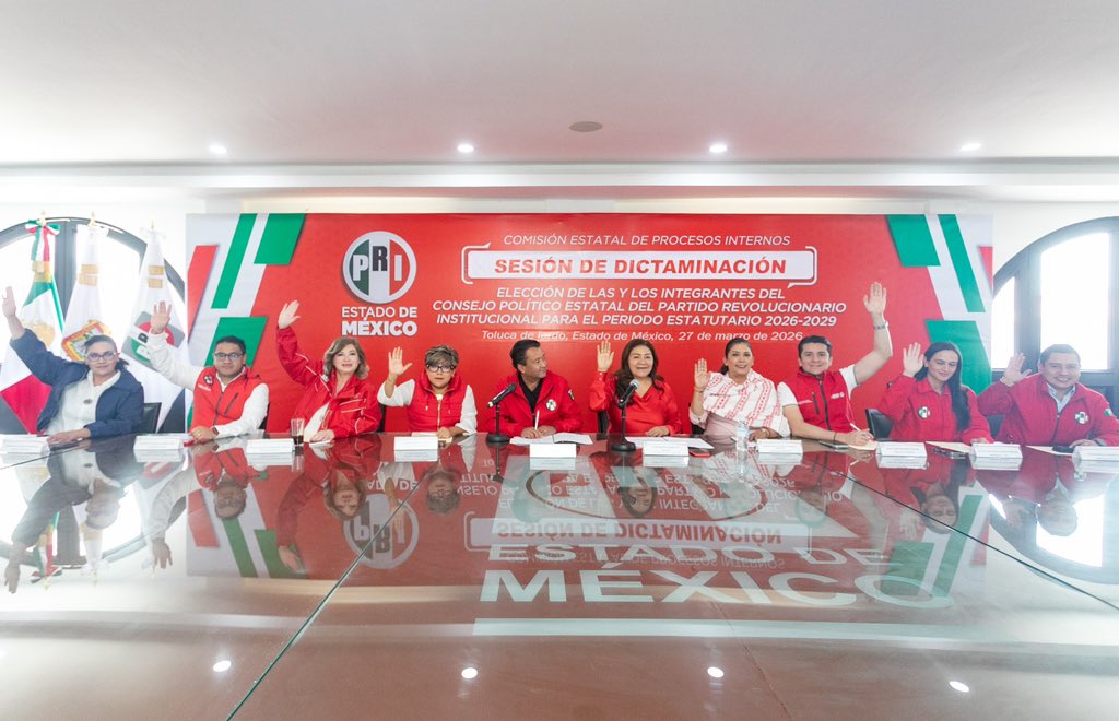PRI_EDOMEX's tweet photo. Nuestra Comisión Estatal de Procesos Internos llevó a cabo la sesión de 
Dictaminación de la solicitud de registro de la planilla única de consejeras y consejeros políticos estatales para el periodo 2026-2029. 

Asimismo declaró la validez del proceso interno de renovación del  nuevo Consejo Político Estatal.