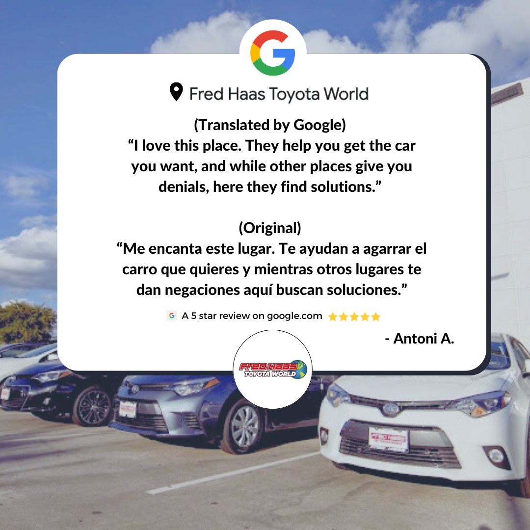fredhaastoyota's tweet image. Hola Antoni — gracias por tomarse el tiempo de dejarnos una excelente reseña! Esperamos poder servirle de nuevo en un futuro. 🎉 #SpringTX #Houston #HappyCustomers