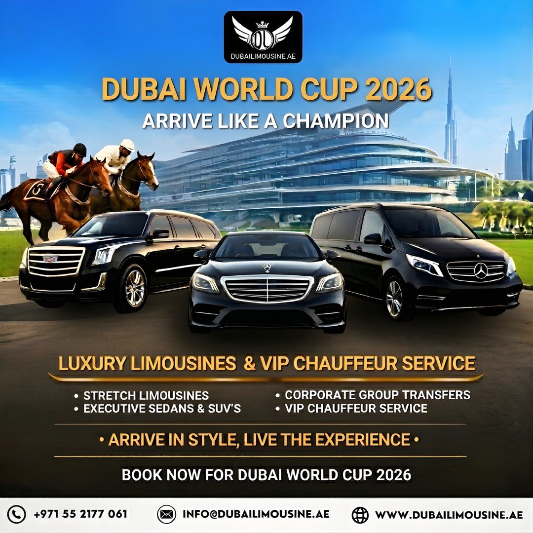 limousine_dubai's tweet image. Wishing everyone attending a seamless and enjoyable Dubai World Cup experience.

📞 Call/WhatsApp: +971 55 2177061
🌐 Web: dubailimousine.ae
📧 Email: info@dubailimousine.ae

#DubaiWorldCup #DubaiEvents #ChauffeurService  #Dubailimousine #MetaLimoDubai