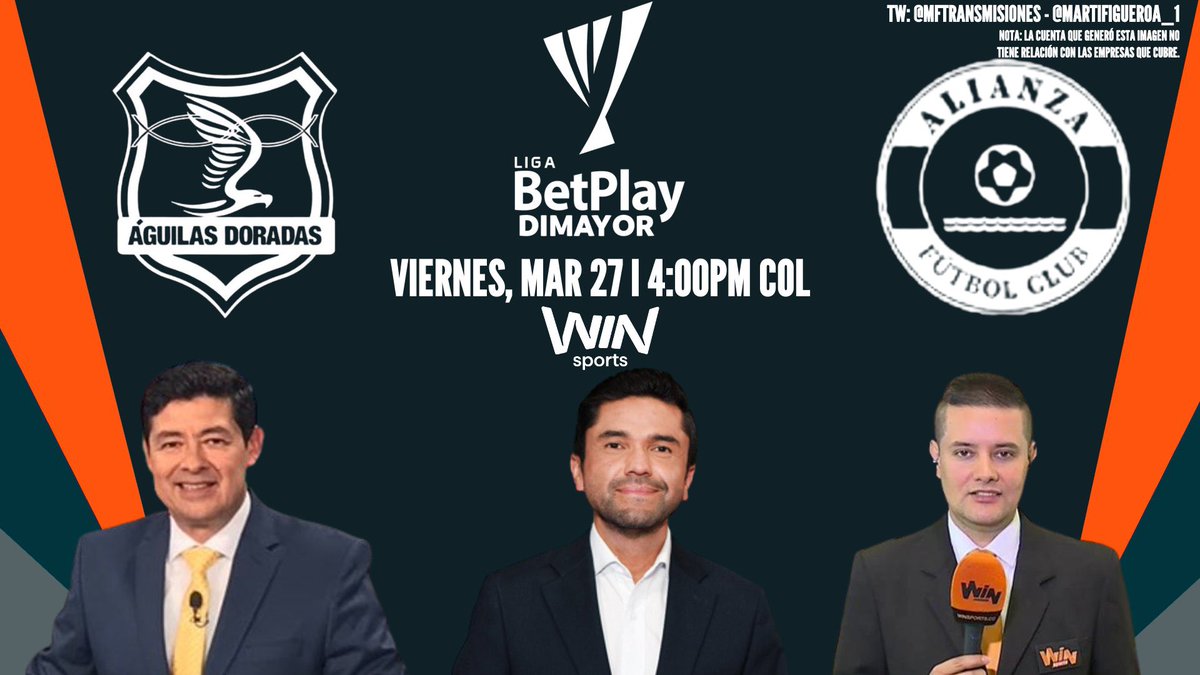 MFTransmisiones's tweet photo. 🇨🇴 @LigaBetPlayD 2026-I - Fecha 14

@AguilasDoradas 🦅 - @AlianzaFc_ofic 🔵⚪️🔴

Relator: @RamiroDP
Comentarista: @juanpacoronado
Campo de Juego: @Maurofutbolyfe

📺: @WinSportsTV

📱 ¡Síguenos! https://t.co/wQPptwIr4U
