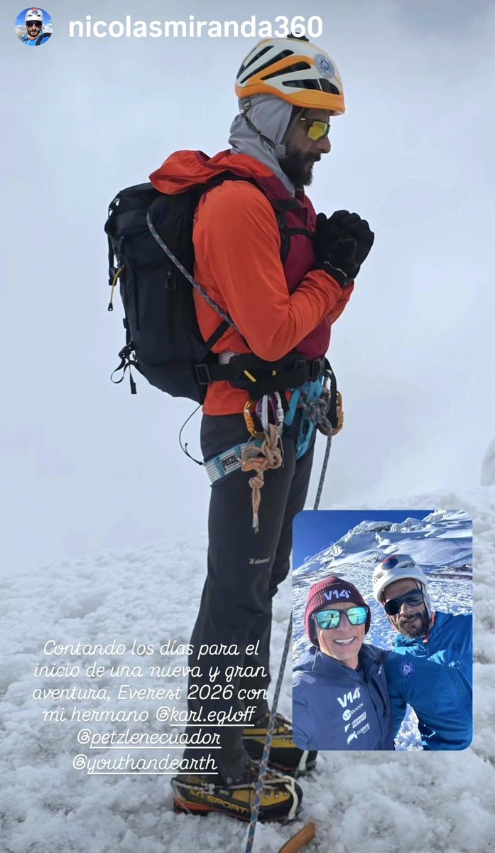 CarlosGarranzo's tweet image. #EVEREST, FKT 2026,No O2.
🇪🇨 Nicolas Miranda confirma que estará en el equipo de apoyo de Karl Egloff.
Karl y Nico ya formaron equipo en el exitoso FKT Makalu 2022. Además del apoyo técnico, es muy importante contar con un amigo en proyectos tan ambiciosos y complicados 👍.