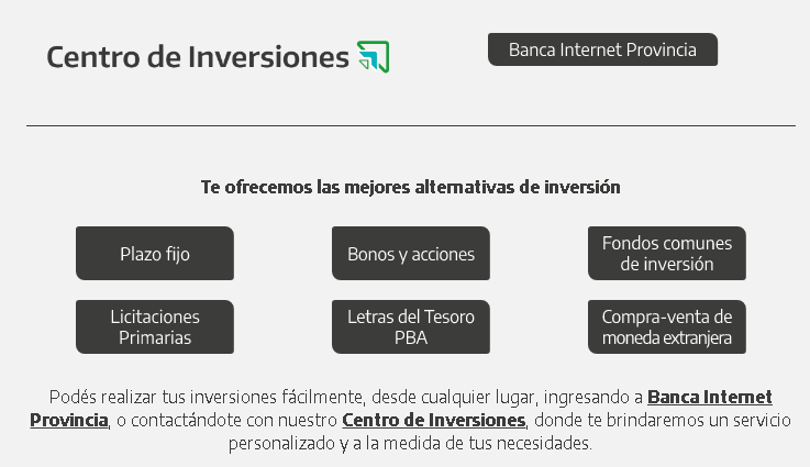 CdeInversiones's tweet photo. 🟢🔵Conoces todas las alternativas de #inversión que te ofrece Banco Provincia ⁉️

Descubrí todas sus características y beneficios ingresando en nuestro micrositio 👇

🌐https://t.co/blR899nOqQ

#PlazoFijo
#Bonos #Acciones
#LetrasPBA #Licitaciones
#FCI https://t.co/Zp7kC5I9I1