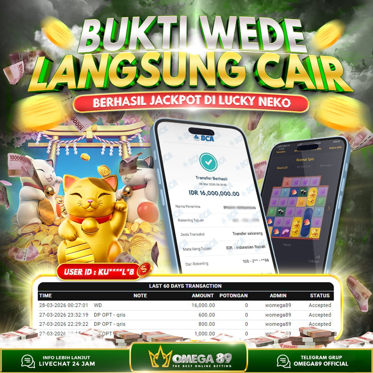 omega89top's tweet photo. OMEGA89 JACKPOT DI LUCKY NEKO Rp.16.000.000,- LUNAS!!💸💸

✅ Withdraw Cepat
✅ Bukti Transfer Nyata
✅ Menang Berapapun Pasti Dibayar

Raih JP nya sekarang juga bersama OMEGA89!

🌐 https://t.co/6k7iYfwDRU

#Omega89 #Omega89login #Omega89top #Jackpot #Pgsoft https://t.co/3kqDJEk51B