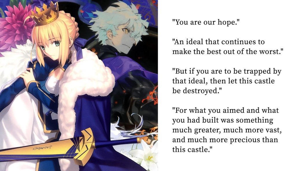 valor_phoenix's tweet image. HELL NO, a speech from Her had Gawain ready to risk his life,Bediviere wandered 1500 years for her,Galahad Mr idgaf said she was they’re hope and ideal, Lancelot’s dying thoughts in zero were she was the greatest king 😤#Artoria #Fate #FateSeries #FateZero #FateStayNight