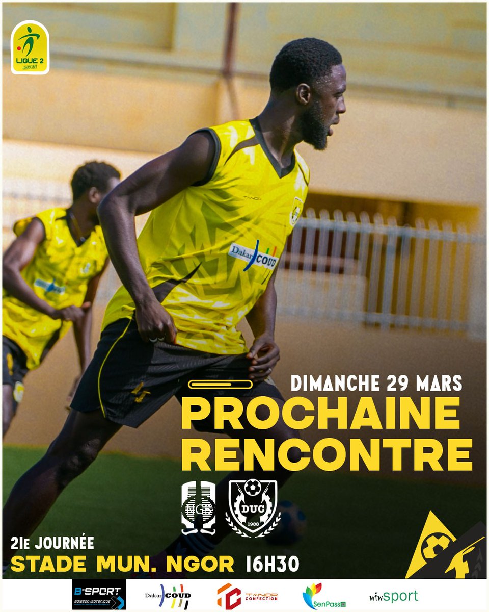 ducfoot's tweet photo. Nous retrouvons les Galactiques ce week-end
⚔️ NGB 🆚️ DUC
🗓 21e journée Ligue2SN
📅 Dimanche 29 mars 2026 | 16H30
🏟 Stade Municipal de Ngor
#DUC #COUD #LSFP #LIGUE2SN #B-SPORT https://t.co/DzcTFRzMcV