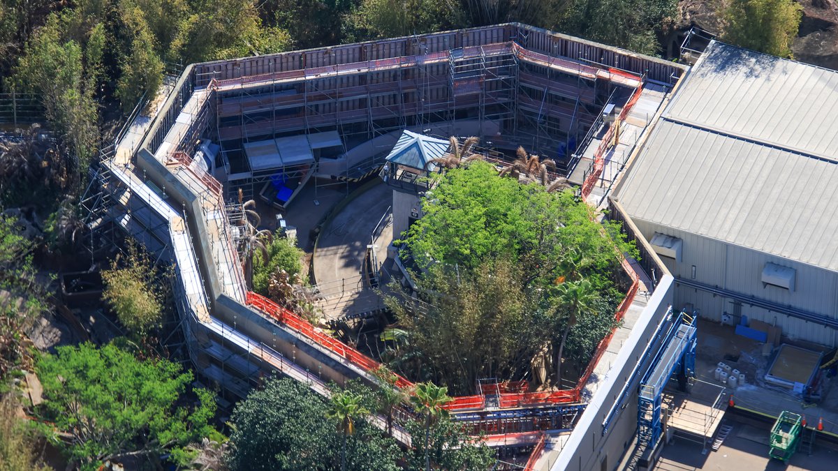 Aerial photos of the refurbishment of Jurassic Park River Adventure.