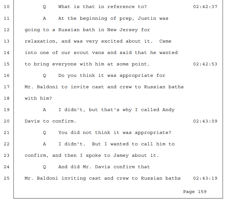 Justin Baldoni was literally begging for sex scenes. He even wrote an essay crying when Blake cut them. He thought it was a genius idea to invite his staff and coworkers to a Russian bath. Like… what?