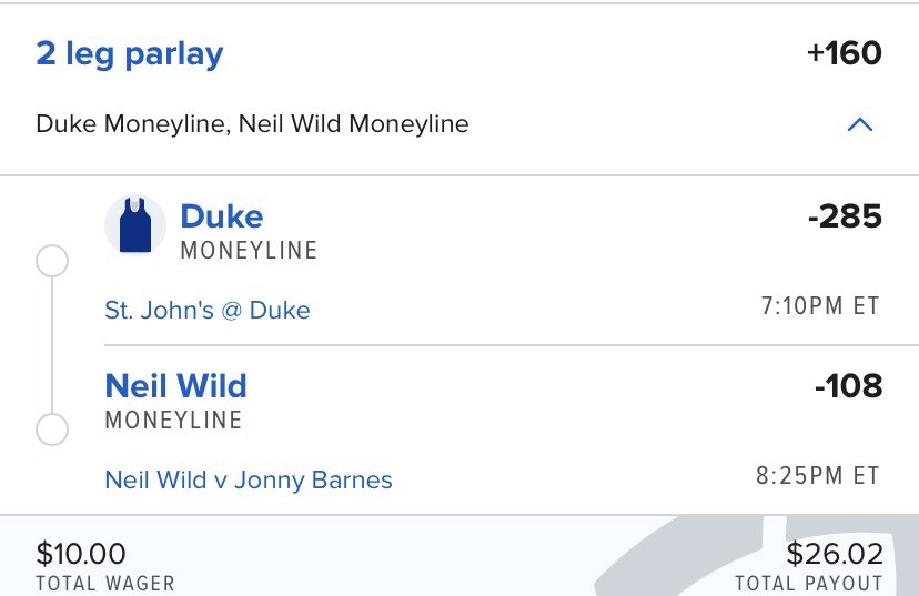 LUCKYDARTKING's tweet photo. Day 1 LADDER CHALLENGE
10$ โก๏ธ $500
10$ โก๏ธ $26.02
#modussuperseries darts ๐ฏ
Neil Wild ML (-108)
#ncaab
Duke ML (-285)
Superior two leg parlay put together @PLAYMAKERP1CKS (+160)
Letโs climb the ladder together!
#Gambling๐ #sports #darts #basketball #money #Win https://t.co/qBqnTLBumr
