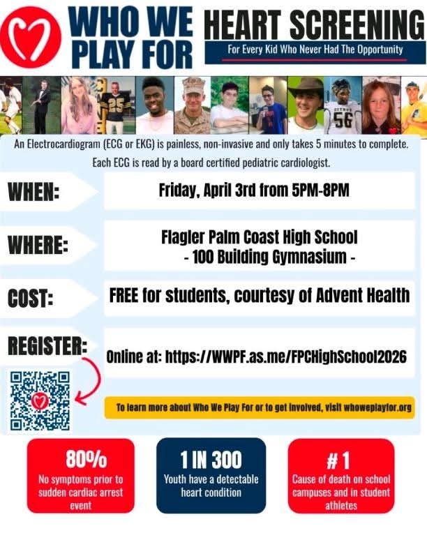 FPCAthTrainer's tweet photo. Attention FPCHS athletes and performers! If you need an ECG to join Sports, Marching Band, ROTC, or Starlets, attend the FREE ECG Screening Event on April 3rd from 5:00 pm - 8:00 pm at FPCHS 100 Building Gymnasium, sponsored by AdventHealth - Palm Coast and Who We Play For https://t.co/gc7XckRN3W