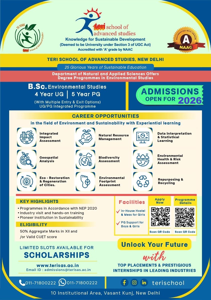 terischool's tweet photo. Admissions Open 2026-2027!

For Details: https://t.co/2jw21pvEbQ

#AdmissionsOpen2025 #EnvironmentalSciences #Environment #NatureStudies #Sustainability #HigherEducation #InterdisciplinaryLearning #Leadership #IntegratedMSc #BScHonours https://t.co/MEvVcruOBu