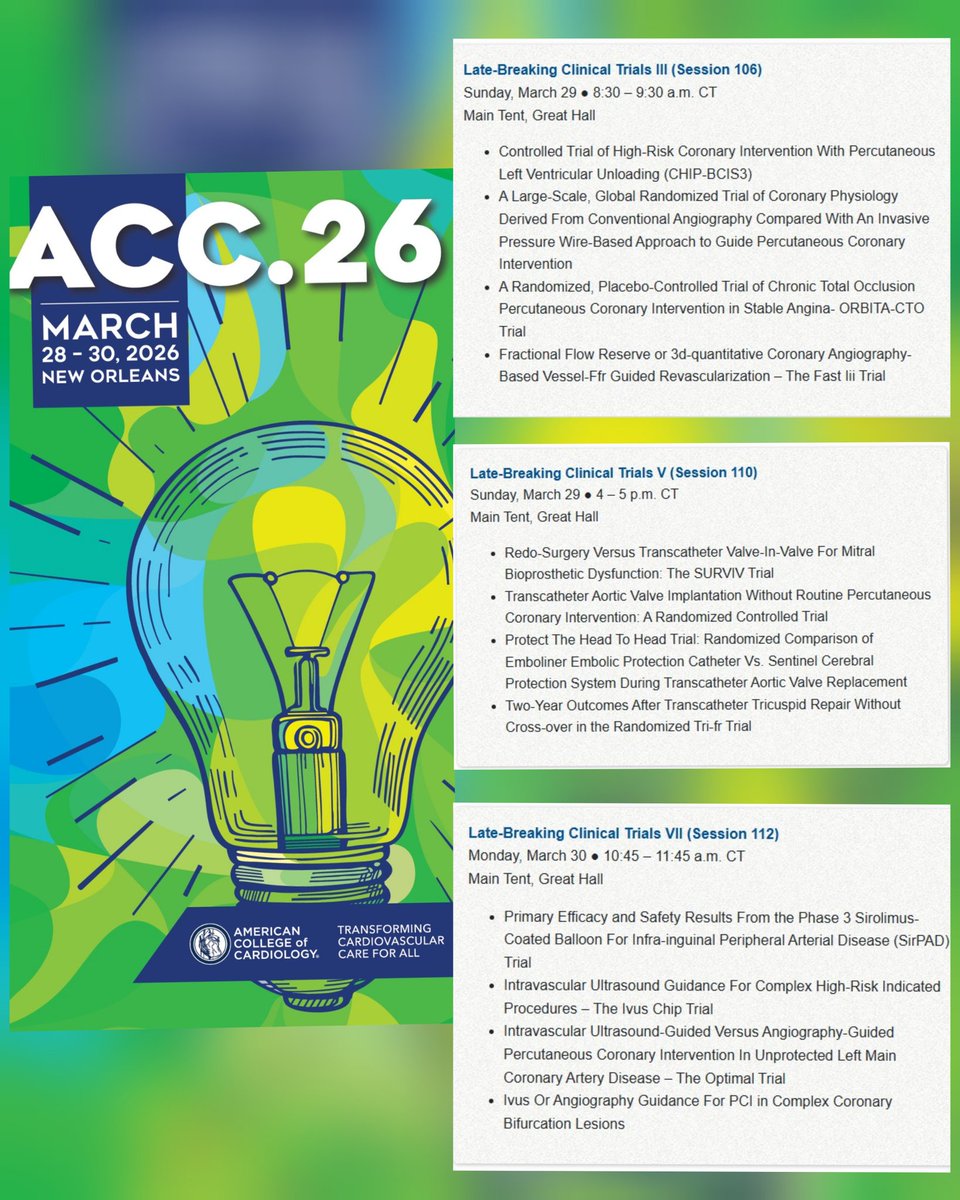 Zill_cardio's tweet photo. Are you looking for the latest insights in interventional cardiology at #ACC26 ⁉️
Don't miss out the #LBCT sessions below, featuring :
🎈DCB in PAD
💉 CHIP PCI
📊 FFR
🔍 IVUS-guided complex PCI
❤️ Valvular interventions
@ACCinTouch @JACCJournals @Cardiology @ACCmediacenter https://t.co/gKBktOMj9s