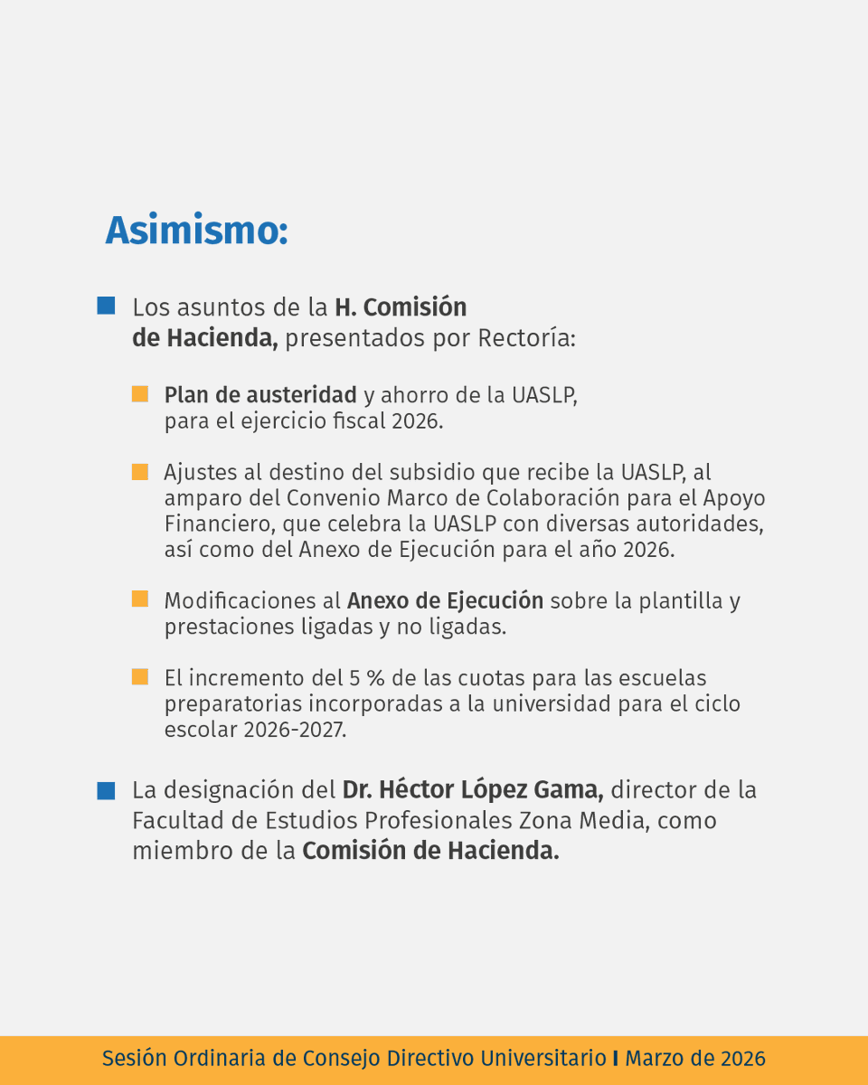 LaUASLP's tweet photo. ¡Entérate! 

✅ Estos son los asuntos aprobados en la sesión ordinaria del mes de marzo del H. Consejo Directivo Universitario de la #UASLP. https://t.co/MzGj4R2Ahi
