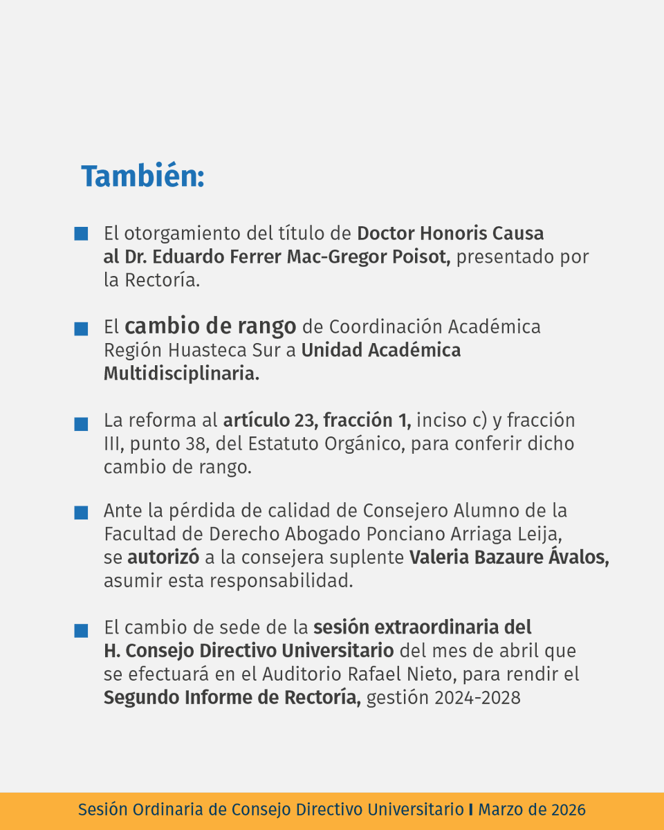 LaUASLP's tweet photo. ¡Entérate! 

✅ Estos son los asuntos aprobados en la sesión ordinaria del mes de marzo del H. Consejo Directivo Universitario de la #UASLP. https://t.co/MzGj4R2Ahi