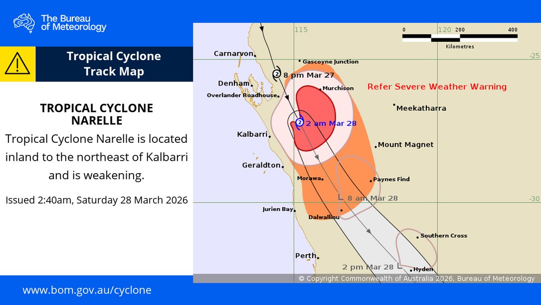 BOM_WA's tweet photo. ⚠️🌀Tropical #CycloneNarelle is located inland to the northeast of #Kalbarri and is weakening.
Warning zone:
Inland areas between #GascoyneJunction to #Dalwallinu.
Watch zone:
None.
https://t.co/cNSmcmZBNi https://t.co/53Z6oLb3aO
