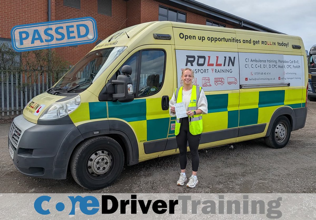 driver_cor91706's tweet photo. Congratulations Lilly Horton with a first-time C1 pass at Watnall Test Centre today. We wish you every success with your future career in the ambulance service. 😁🚑

We'd also like to give a huge thanks to Rollin Transport Training for all their support. https://t.co/N4R7EfFSUn
