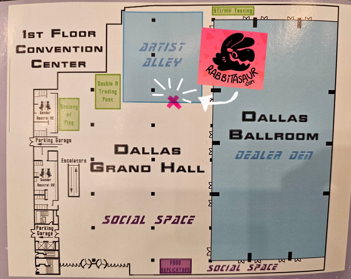 Rabbitasaur's tweet photo. I'm all set up in the TFF AA! If you're here and want to come say hi come find me in the front row all weekend! https://t.co/7IvfHBNwsH