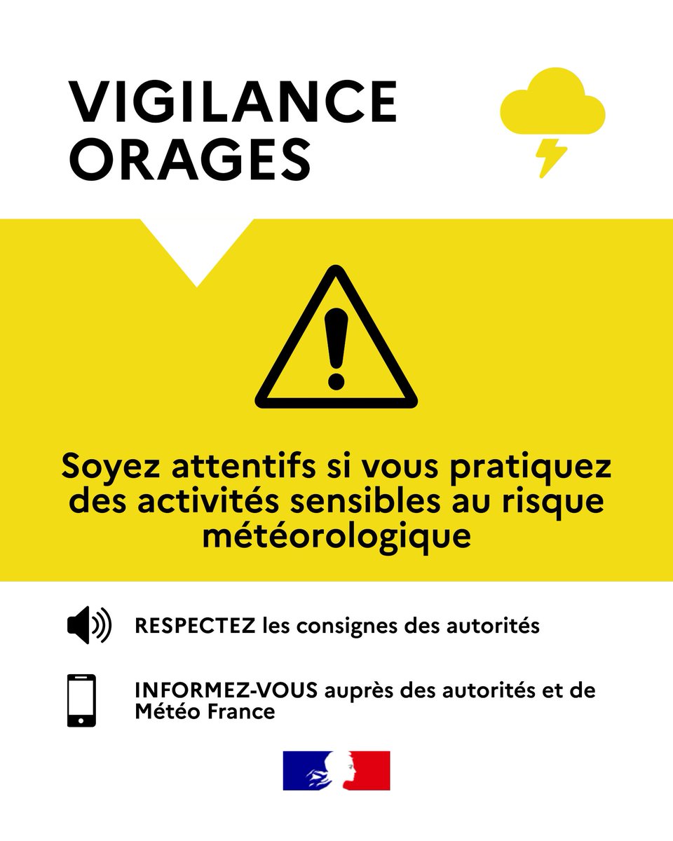 Image de Préfet de la région Guyane - #Météo | 🟡🌧️🌩️ #Vigilance jaune fortes #pluies et #orages📍sur l'ensemble du littoral de la #Guya
