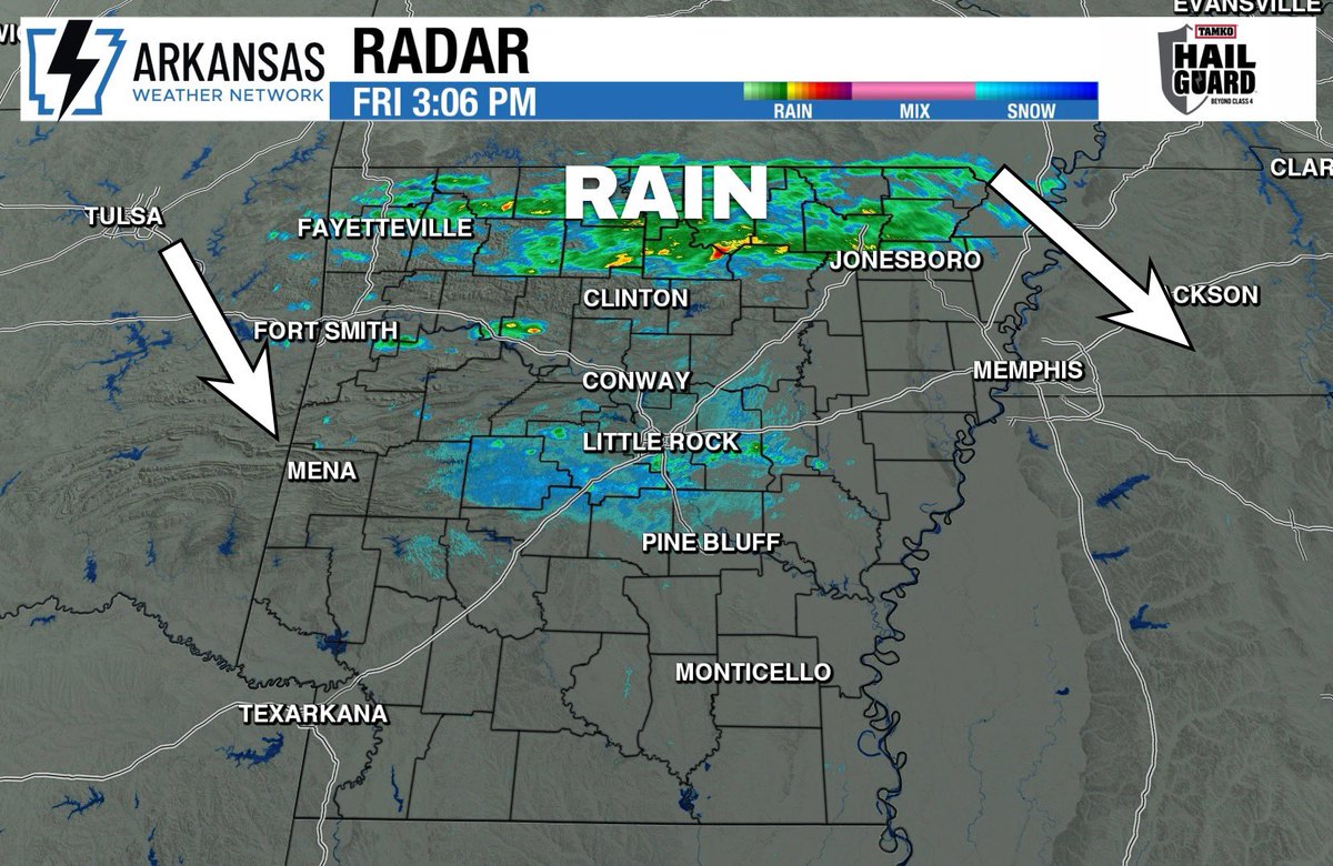 WxZachary's tweet photo. Who has seen rainfall so far today? Probably not many of you. 

Unless you’re in northern Arkansas! 

Check out the rain on the TAMKO radar below. 

Good news, the batch of rain across northern counties will continue south/southeast across the state. 

Bad news, it’s really light with limited coverage for most of Arkansas. 

It’s better than nothing… 🤷🏻‍♂️

MUCH colder overnight tonight and into Saturday AM compared to recent days.