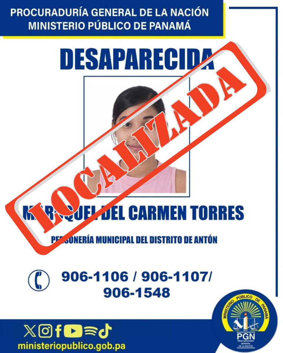 PGN_PANAMA's tweet photo. #ResultadosPGN
#Ubicada| La Unidad Especializada de Personas Desaparecidas de la @PGN_PANAMA informa que a través de la Personería Municipal de Antón en Coclé, se logró la ubicación de MARUQUEL DEL CARMEN TORRES quien había sido reportada como desaparecida.👇 https://t.co/FYp5R3JHZv