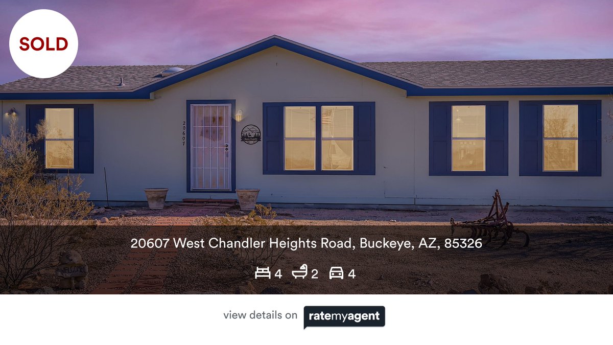 🛌 4 🛀 2 🚘 4
📍 20607 West Chandler Heights Road, Buckeye, AZ, 85326

My latest sale on #RateMyAgent.
Arizona Real Estate Agent SA698504000
rma.reviews/mwyaoovly232

...
#ratemyagent #realestate