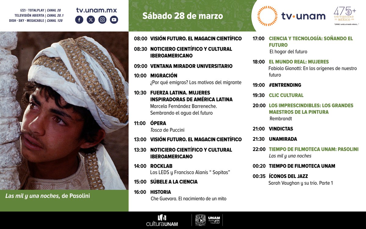tvunam's tweet photo. Ópera🎻, #RockLab🤘, «Soñando el futuro🎥», #Mujeres🙋♀️, #EnTrending🎙️, #ClicCultural✨, #LosImprescindibles👨🎨, #Vindictas, #UNAMirada👁️, #TiempodeFilmotecaUNAM🎥y más para disfrutar de este #FelizSábado. https://t.co/QLI1YXhZcJ