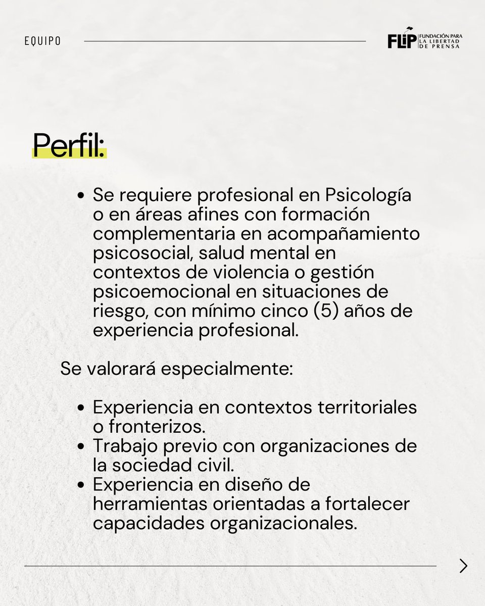 FLIP_org's tweet photo. 📢 ¡Convocatoria abierta!

Buscamos profesional en psicología o con experiencia en acompañamiento psicosocial en contextos de riesgo para fortalecer protocolos de autoprotección junto a organizaciones sociales en La Guajira, Nariño, Chocó y Norte de Santander.

🔎 Consulta y postúlate: https://t.co/aQIGhNm4oB