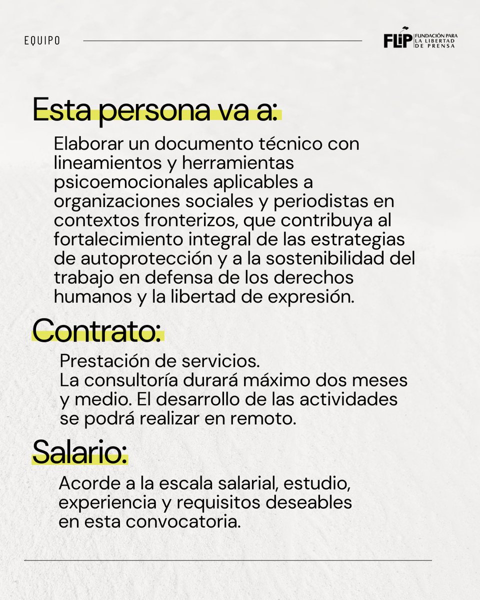 FLIP_org's tweet photo. 📢 ¡Convocatoria abierta!

Buscamos profesional en psicología o con experiencia en acompañamiento psicosocial en contextos de riesgo para fortalecer protocolos de autoprotección junto a organizaciones sociales en La Guajira, Nariño, Chocó y Norte de Santander.

🔎 Consulta y postúlate: https://t.co/aQIGhNm4oB