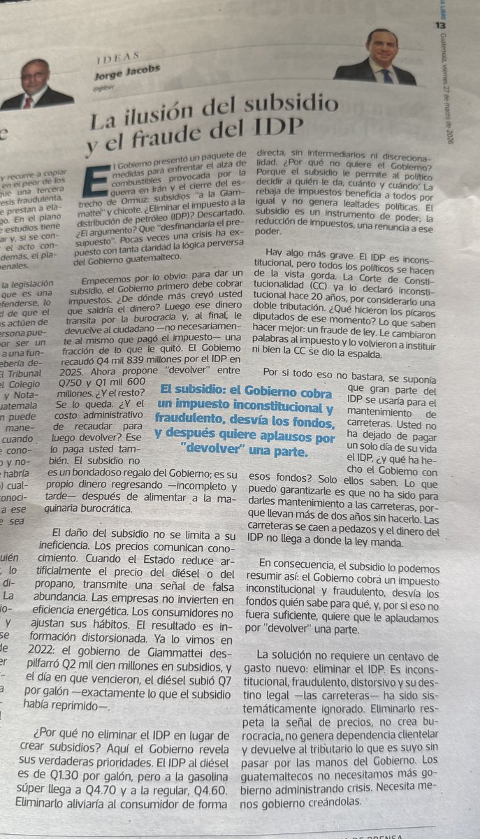 excelente columna de jorge jacobs !!! <a href="/jjliber/">Jorge Jacobs</a> CONGRESISTAS @CongresoGuatemala DEROGUEN EL IMPUESTO A LOS COMBUSTIBLES !!! YA BASTA DE TANTA CORRUPCION E INDOLENCIA !!! YA BASTA !!!