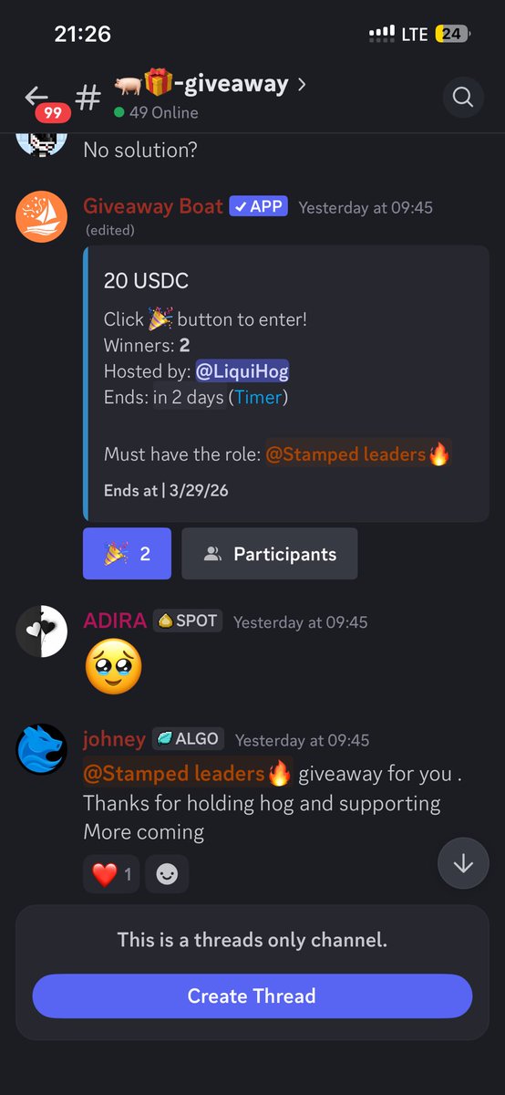 Thank for choosing me 
<a href="/LiquiHog/">LiquiHog</a>  
You can also join for next giveaway 
And I am also giveaway to one winner 30 ALGO
1️⃣ Like 👍 
2️⃣follow me and <a href="/LiquiHog/">LiquiHog</a> 
3️⃣ discord.gg/Dw5EakR52C Join if you like 
24 hours