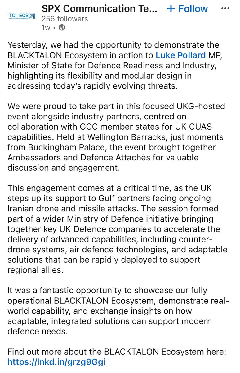 BMSInvests's tweet photo. $ONDS

👀🇬🇧 New Sentrycs partners, SPX Technologies, demonstrating their BlackTalon CUAS system to Luke Pollard MP - the UK Minister of State for Defence Readiness and Industry‼️ 

🗣️ “The session formed part of a wider Ministry of Defence initiative bringing together key UK defence companies”