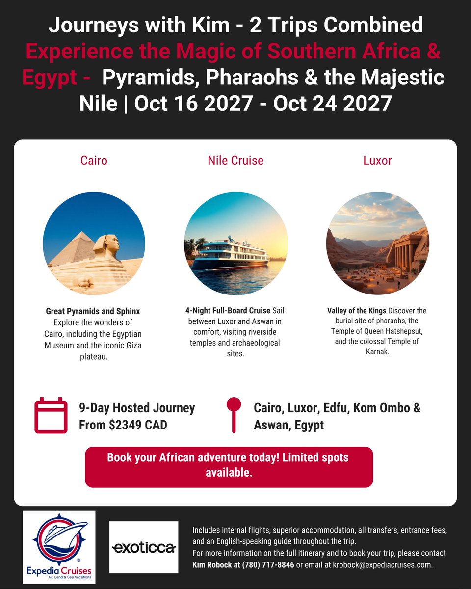 KimRobock's tweet photo. SECURE YOUR SPOT!
📷 Journeys with Kim – 2 Epic Trips Combined!
South Africa, Zimbabwe + Egypt
October 4 – 24, 2027 (23 unforgettable days)Experience the magic of South Africa, Zimbabwe &amp; Egypt in one seamless adventure

Land Only – Double Occupancy: $6,848 CAD per person https://t.co/fiIESU8vGh