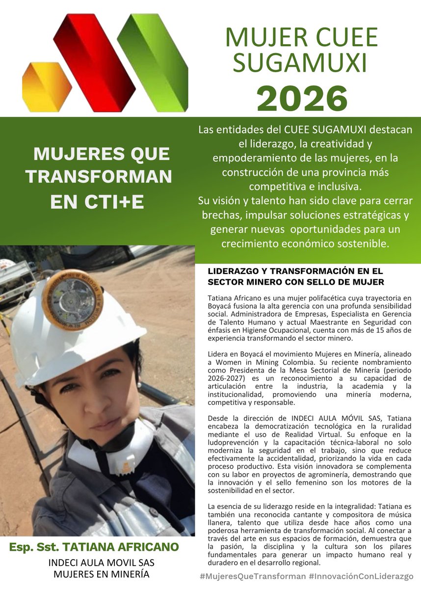 La minería se construye con innovación, conocimiento y liderazgo femenino… y Tatiana Africano es prueba de ello. Desde Boyacá, está transformando realidades con tecnología, educación y compromiso social. #cueesugamuxi #mujeresquetransforman #liderazgofemenino #mujeresenminería