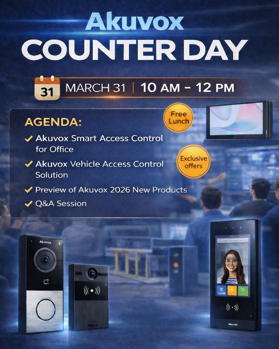 cctvnet's tweet photo. Planning your next access control project?

We’re hosting an Akuvox Counter Day on March 31 
 
Stop by to explore smart access control solutions built for modern installations, find out about new 2026 products, and ask questions directly to vendor reps. 

✔ Exclusive offers
✔ Free lunch

📍 16037 Arminta Street, Van Nuys, CA 91406
👉  https://t.co/tofYxbnOBH