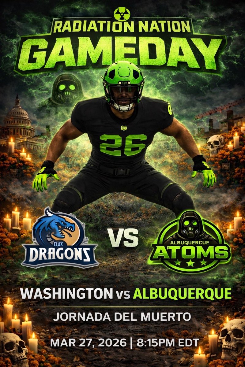 AlbuquerqueAtom's tweet photo. One game at a time.  We welcome in @SFL_DCDragons tonight! We hope to see y’all there! ☢️
#AtomsUp #RadiationNation 

🗓️ March 27th

⏰ 7:15PM CT / 8:15PM ET

💻📺📱 on Virtual Football Network https://t.co/PWIk947pOT