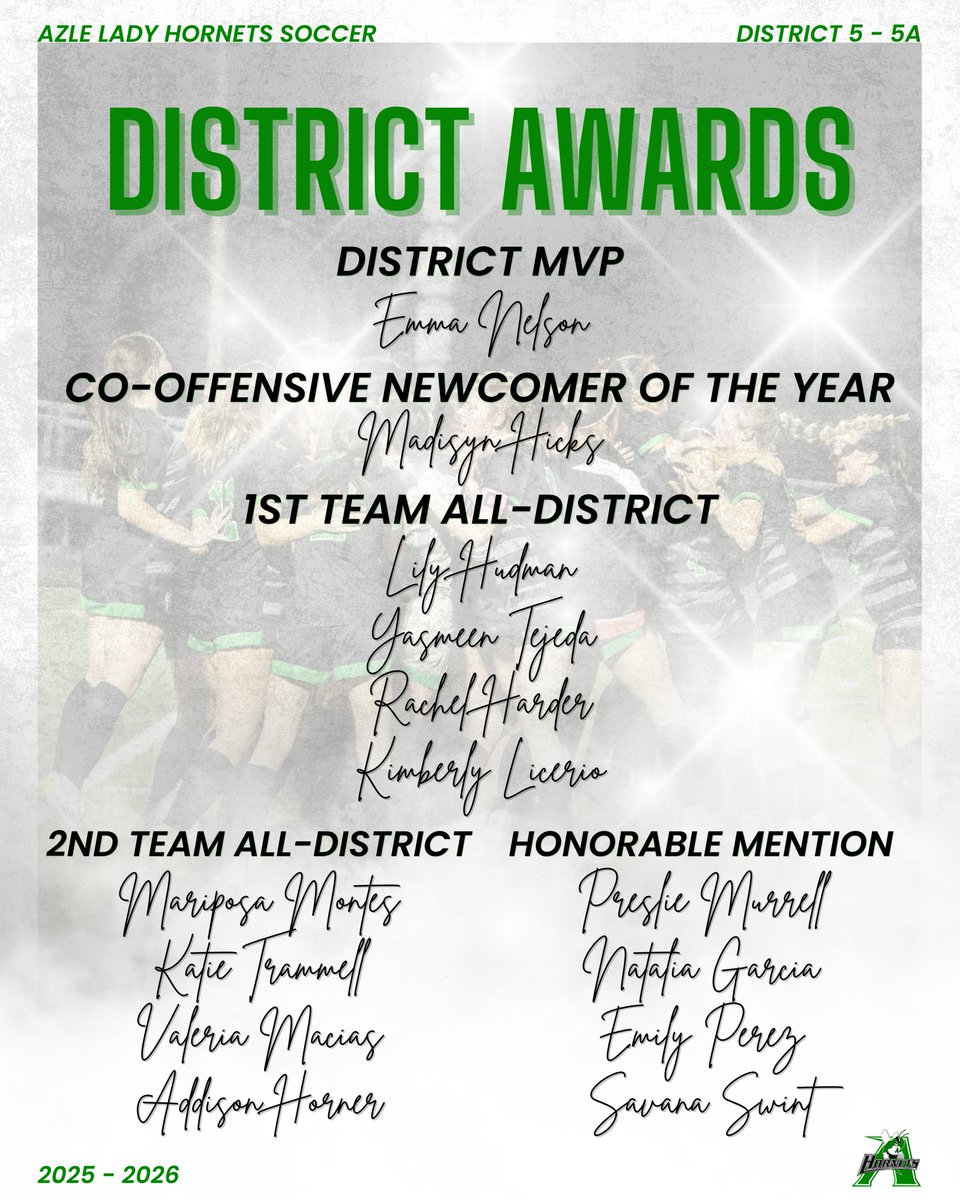 AzleSoccer's tweet photo. HUGE CONGRATULATIONS to our District Award winners! 
We couldn't be prouder of the dedication these athletes showed both on and off the field. Thank you for representing the Azle Lady Hornets with such heart and excellence! https://t.co/NDq5trvCNb