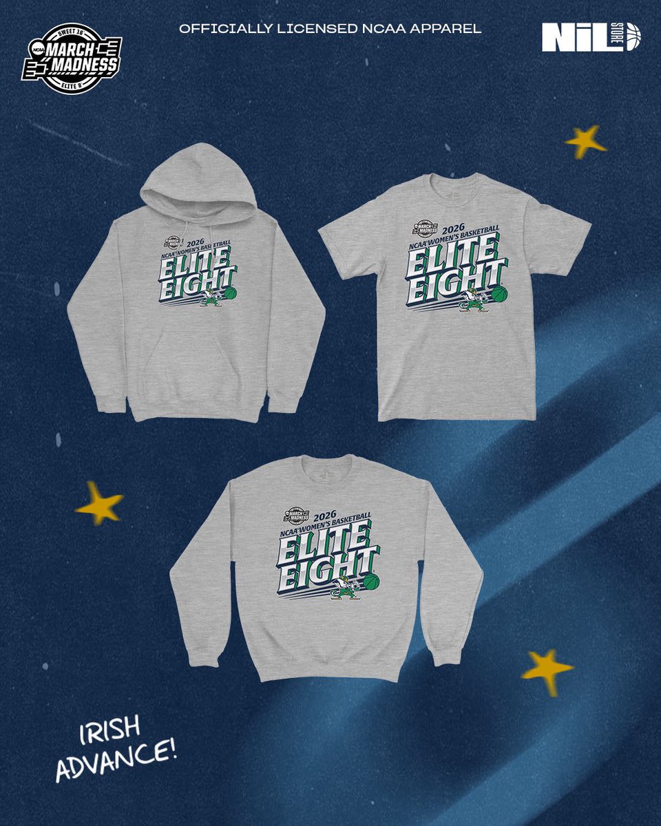 IRISH TO THE ELITE 8☘️☘️☘️ 

Rep our exclusive tournament merch at the Notre Dame NIL Store! nil.store/notre-dame/col…