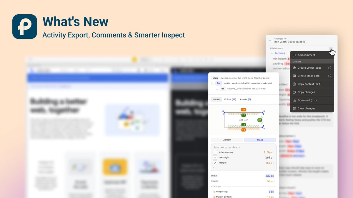 PixefyApp's tweet photo. New Pixefy update 🚀

🧠 Export tasks to Linear/Trello
💬 Comment on CSS changes
🎯 Bulk element selection
🎨 Filter color issues
🔗 Broken link detection

Plus improvements across simulation, sync, and UI.
#Pixefy #linearapp #trello https://t.co/Df0DLsiWsZ