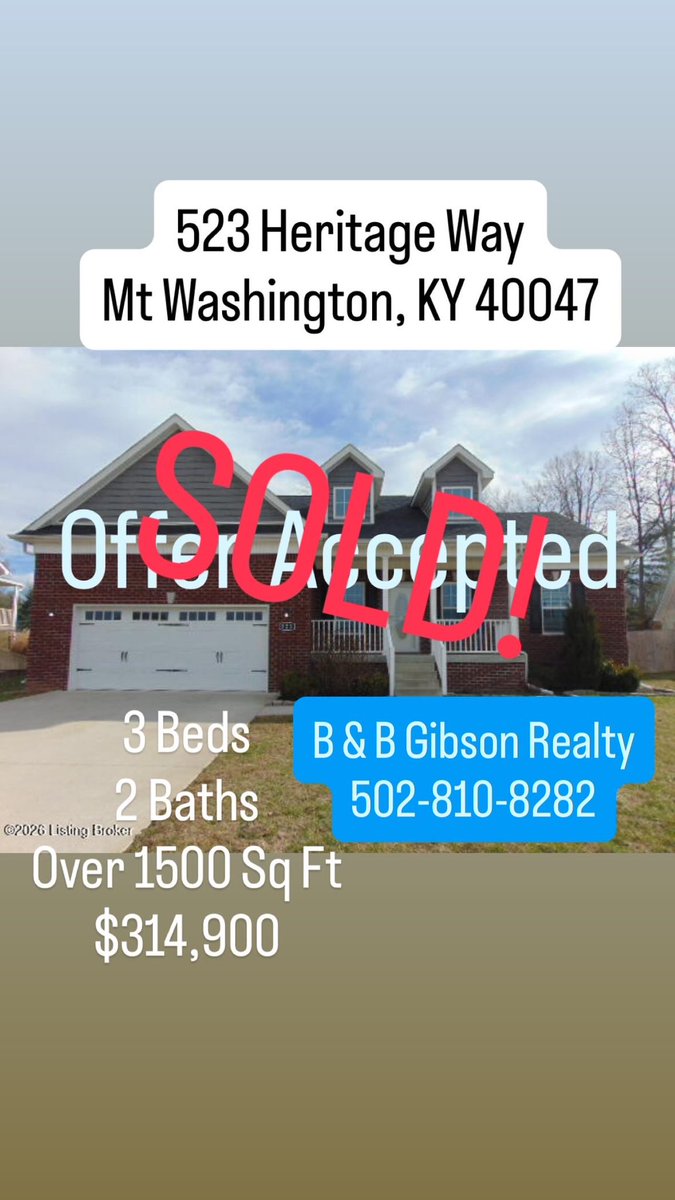 BBGibsonRealty's tweet photo. SOLD! Congrats to my Seller! Lots of activity and a sales price over asking! Looking to buy or sell a home? B &amp; B Gibson Realty can help! 502-810-8282 https://t.co/GXWDnLdKlf #realtor #buy #sell #mtwashingtonrealestate #bandbgibsonrealty https://t.co/r7WYbbijOf