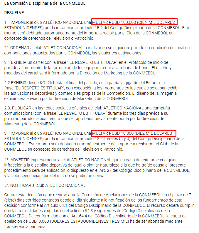 JuankPiza's tweet photo. ¡Multados por "discriminación" y "orden y seguridad en los partidos"!

Tras la eliminación a manos de Millonarios en la Copa Sudamericana, Nacional fue multado por la CD de Conmebol por 110.000 USD.

En las imágenes los artículos contra los cuales se realizaron las infracciones. https://t.co/yzDkNbJlXp