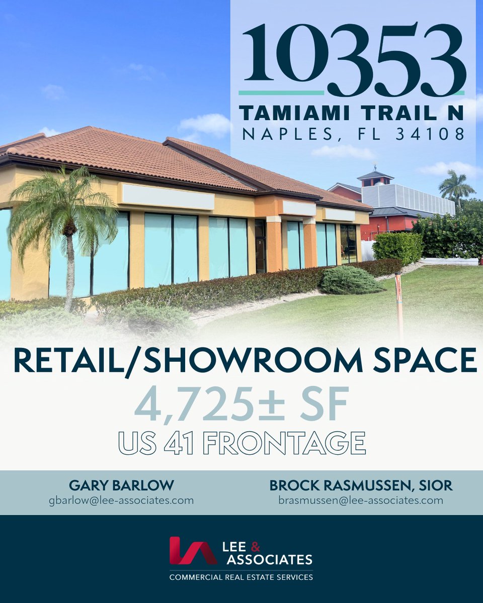 Prime retail showroom space at Plaza Park Center on Tamiami Trail N (US 41), with exposure to 55,000+ vehicles per day along one of Naples’ busiest corridors.

#CommercialRealEstate #CRE #LeeAssociates #Naples #SWFL