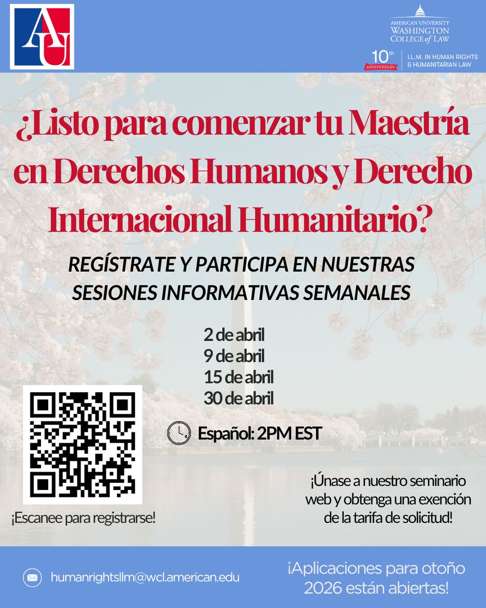 Register and join our weekly info webinars and get a waiver for the application fee!

Apply here/ Aplica aquí: american.edu/wcl/academics/…
Contact/ Contacto: humanrightsllm@wcl.american.edu
More info/ Más información: american.edu/wcl/impact/ini…