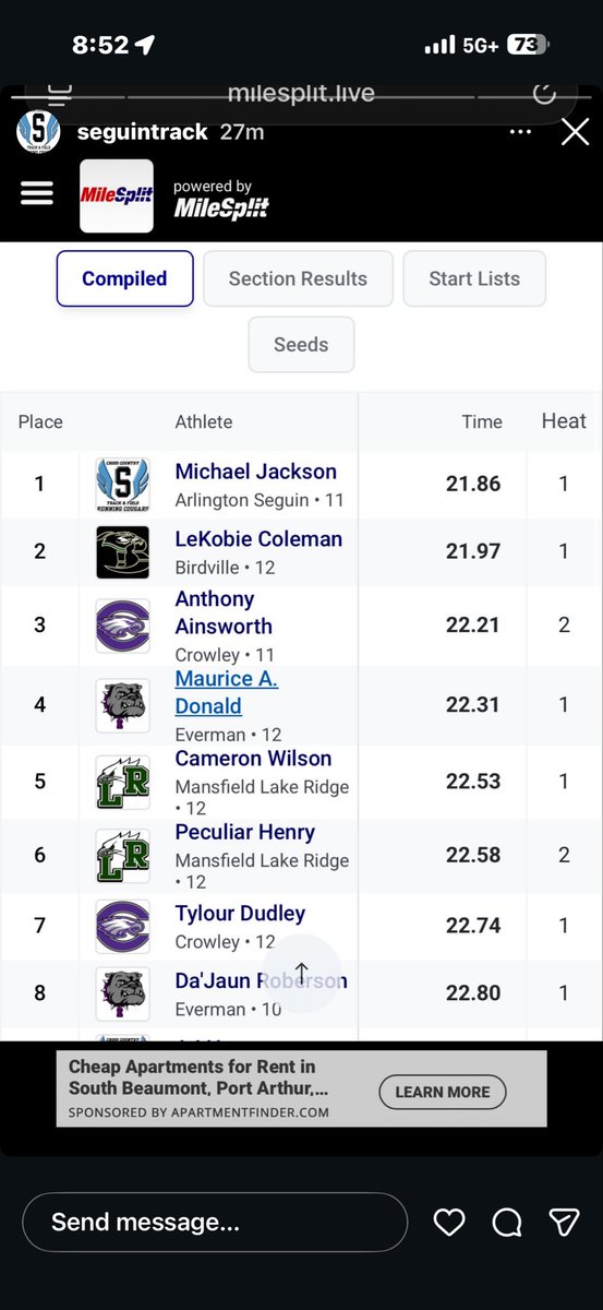 ScootJackson7's tweet image. @CoachDB22 @WonderfulTerry @CoachBrookins  @ASeguinTrack  

PR in the 200m: [21.8] ⏱️🔥(F.A.T.)
Lane 5

Juan Seguin HS

Arlington, Tx

Class of 27

Trust the process.

Not done yet…

#PR #TrackLife #KeepWorking #Cougars #DB #SpeedKills #DoIt4Pop