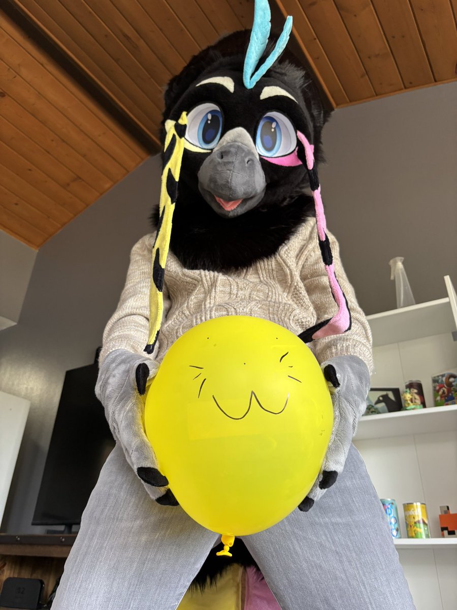 Happy #FursuitFriday from Gemelli (bird) and Gaylord (balloon that has survived ~5 months)